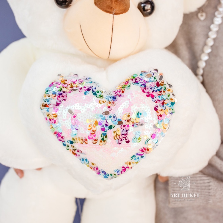 Медведь с большим сердцем с пайетками 80 см белый