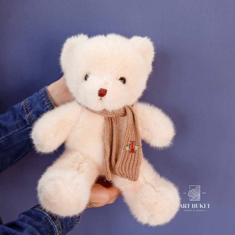 Медведь с меховым шарфом 30 см бежевый