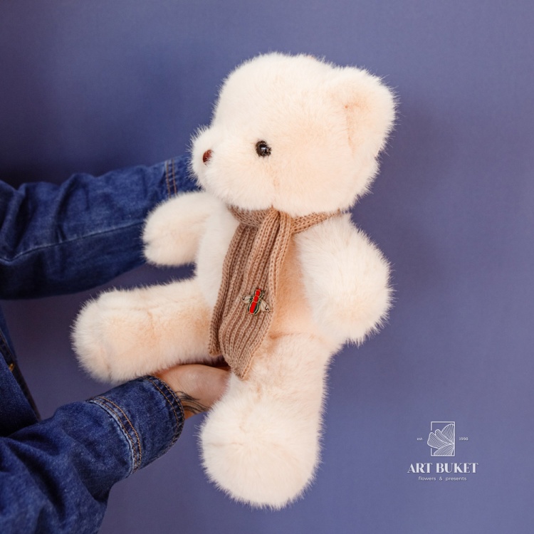 Медведь с меховым шарфом 30 см бежевый