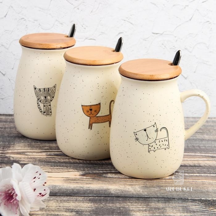 Кружка «Пэтти», 350 мл, с деревянной крышкой и ложкой, рисунок МИКС