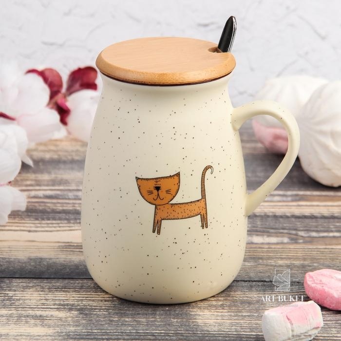 Кружка «Пэтти», 350 мл, с деревянной крышкой и ложкой, рисунок МИКС