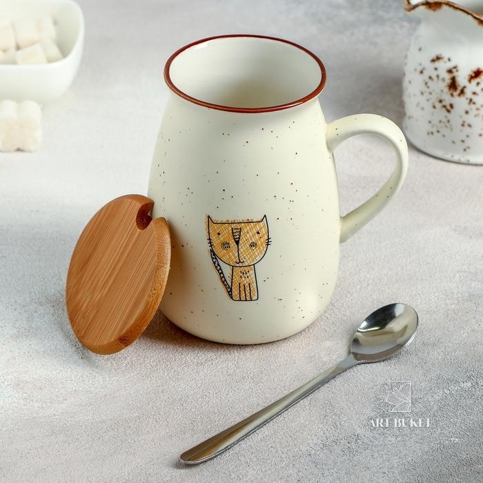 Кружка «Пэтти», 350 мл, с деревянной крышкой и ложкой, рисунок МИКС