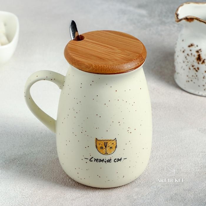 Кружка «Пэтти», 350 мл, с деревянной крышкой и ложкой, рисунок МИКС