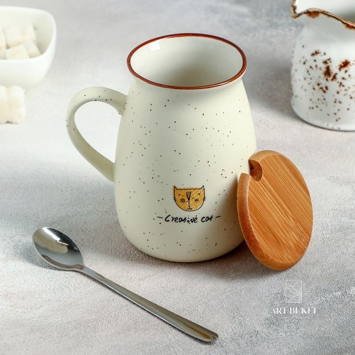 Кружка «Пэтти», 350 мл, с деревянной крышкой и ложкой, рисунок МИКС