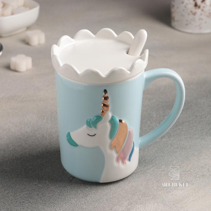 Кружка керамическая с крышкой и ложкой «Единорог», 400 мл, рисунок МИКС